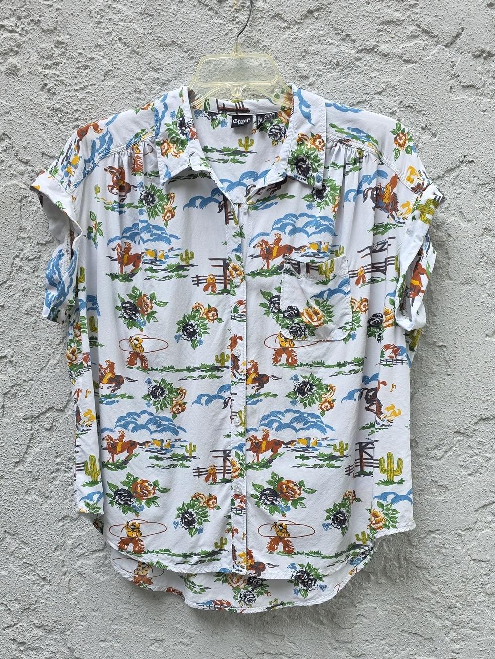 Cruel Denim Western Cowboy Cactus Flower Print Short Sleeve Button Down Shirt